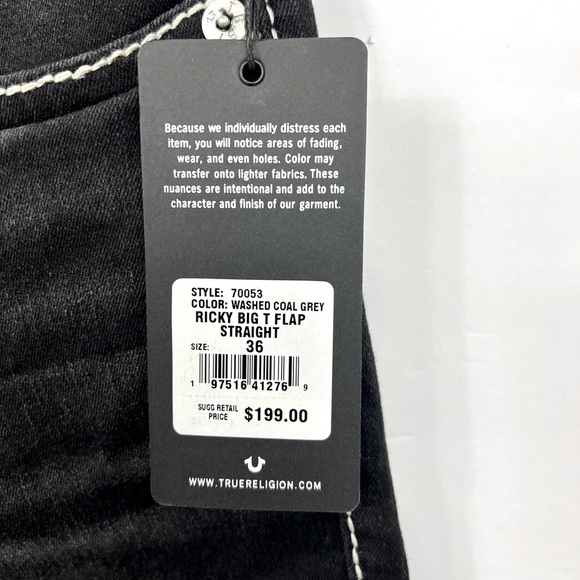 TRUE RELIGION JEANS, "RICKY BIG T FLAP STRAIGHT", “EASHED COAL GREY”, W36 L34 - Picture 11 of 14